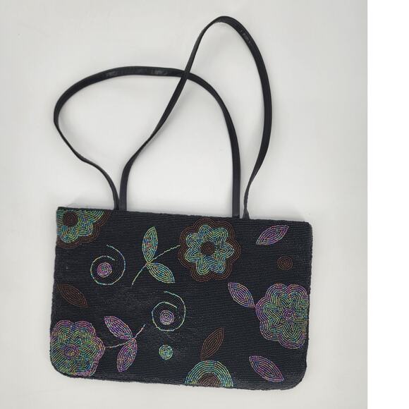 Black and Iridescent Beaded Floral Shoulder Bag - Picture 2 of 10